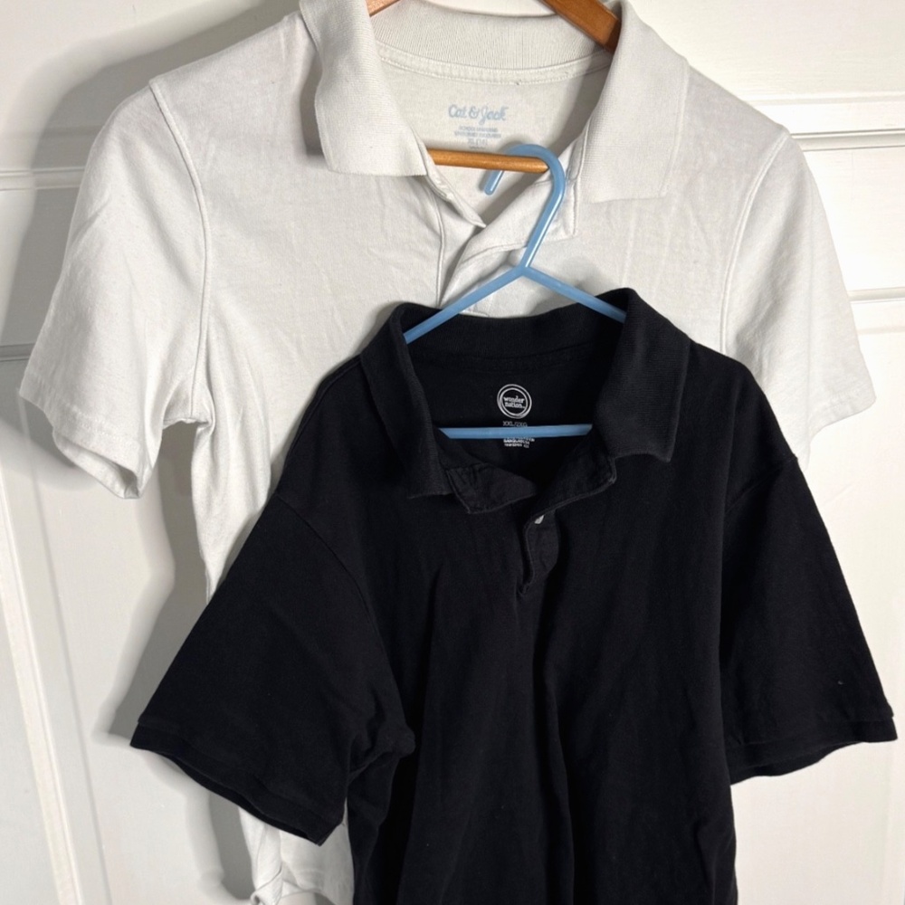 Lot of TWO Boys School Uniform Polo Shirts - Black & White - XL 16 / XXL 18